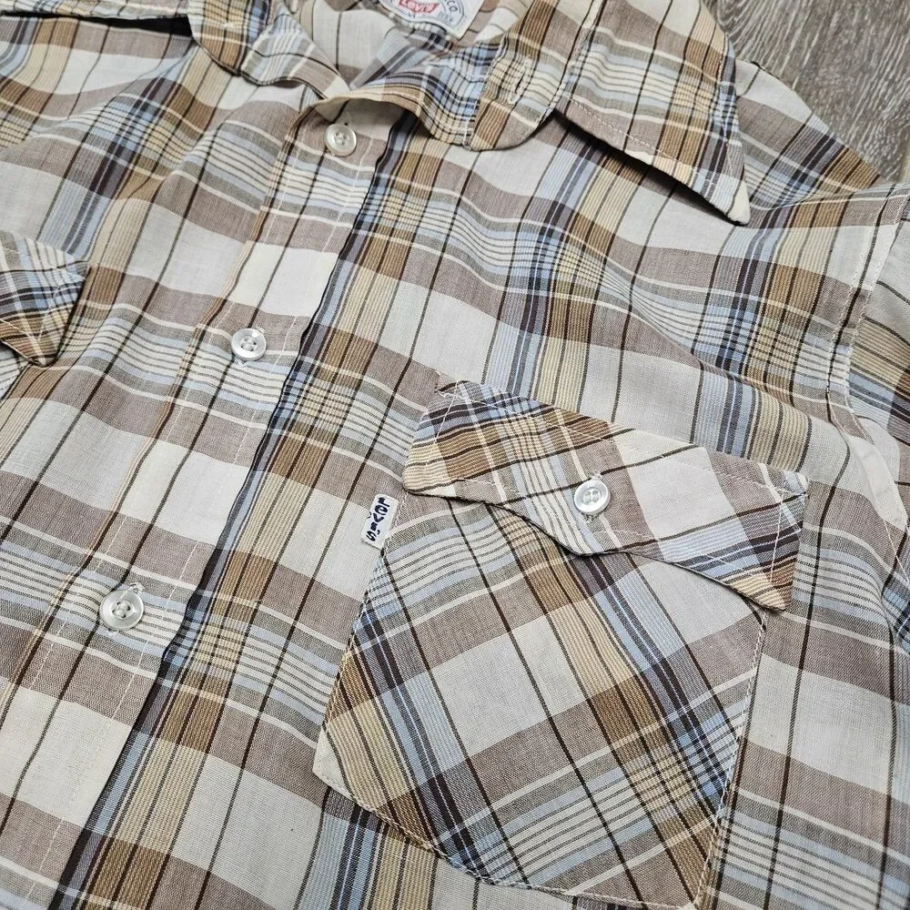 Levi Strauss & Co Vintage Tan Beige Plaid Button Up Shirt Long Sleeve Men's XL